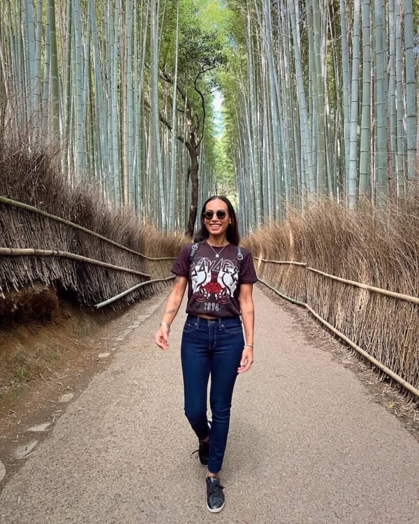 woman in arashiyama bamboo forest kyoto safety kit for women travelling solo